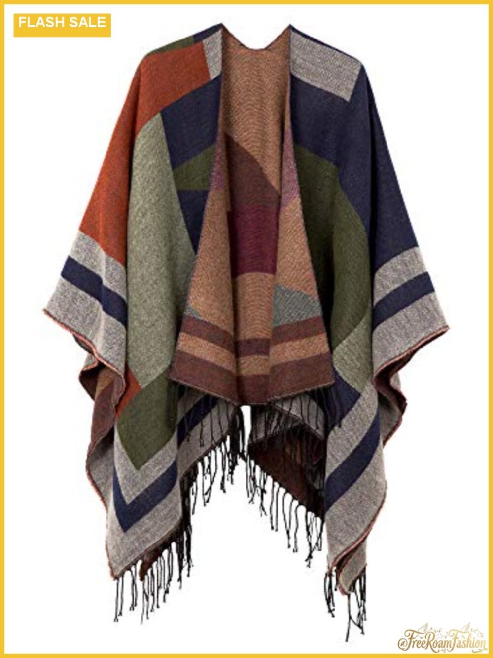 Open Front Poncho Shawl Wrap Western Printed Tassel Reversible